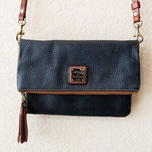 Dooney & Bourke Navy Pebbled Leather Foldover Crossbody Bag Brown Trim Tassel